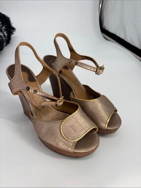 Chloe leather Metallic Peep Toe Ankle Strap Wooden Wedge rare sandal shoes 36